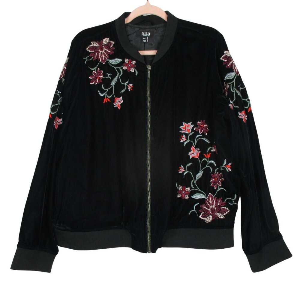 a.n.a. Womens Velvet Jacket XXL Black Full Zip Pockets Rose Embroidery Lined